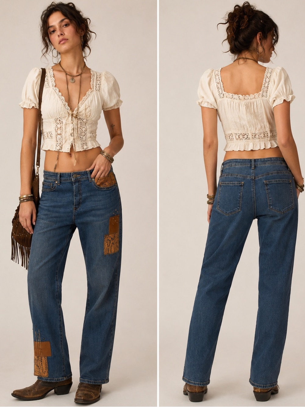 Chico's Blue Straight-Leg Patchwork Bohemian Western Artsy Jeans Size 8